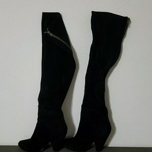 Jet black thigh high heel boots